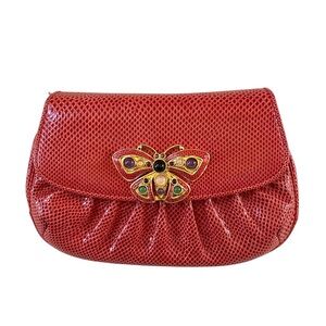 VINTAGE JUDITH LEIBER RED KARUNG LEATHER BUTTERFLY CLUTCH & SHOULDER BAG